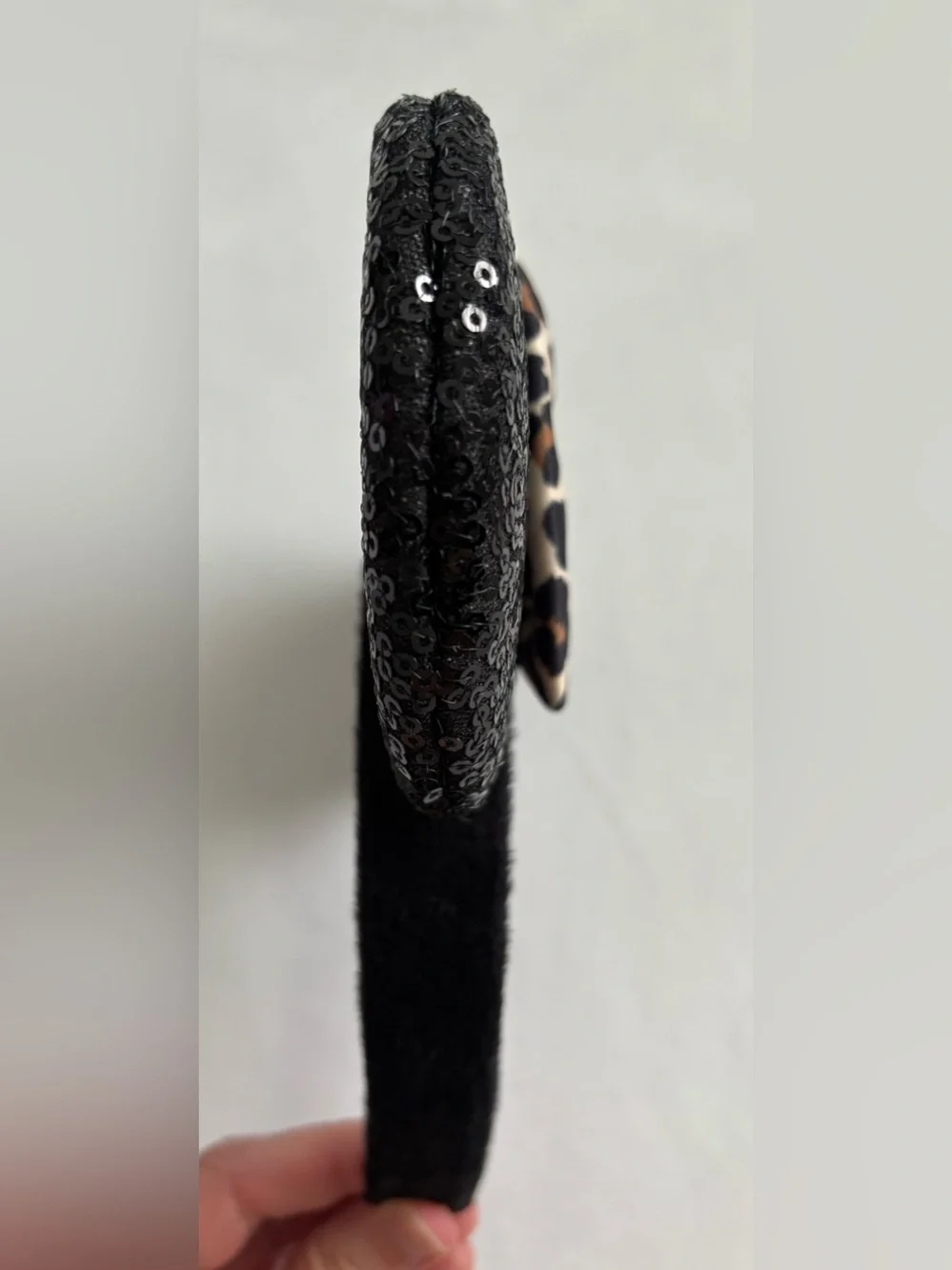 Minnie Mouse Black Sequin Ear Leopard Print Bow Headband